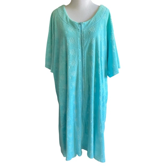 Stan Herman Aqua Blue Terry Cloth Short Sleeve Housecoat Zip Robe Pockets Sz 2X - Picture 2 of 10